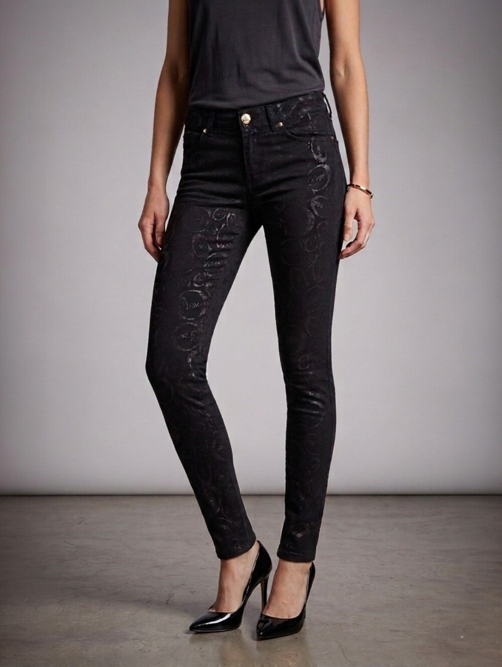 Just Cavalli Black 00s Embossed Logo Patterned Skinny Jeans Jeggins Womens Sze S
